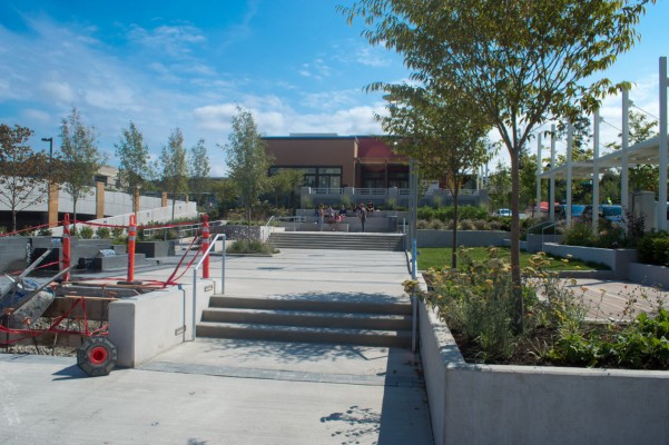 A large pedestrian plaza provides a social venue for the center.